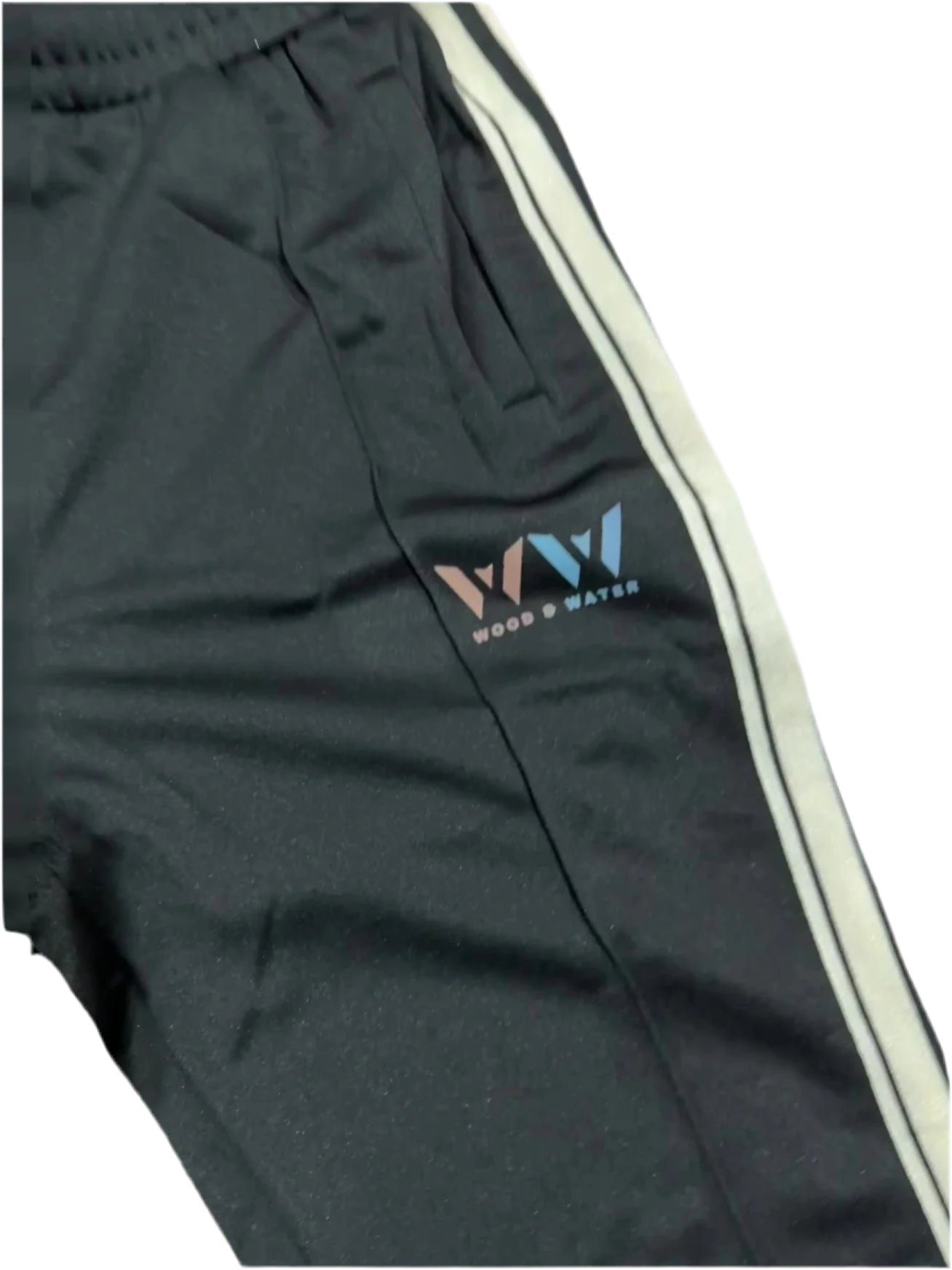 Wood & Water -Tech Fleece Pants -Black /Tan Stripe - Iridescent W&W Logo
