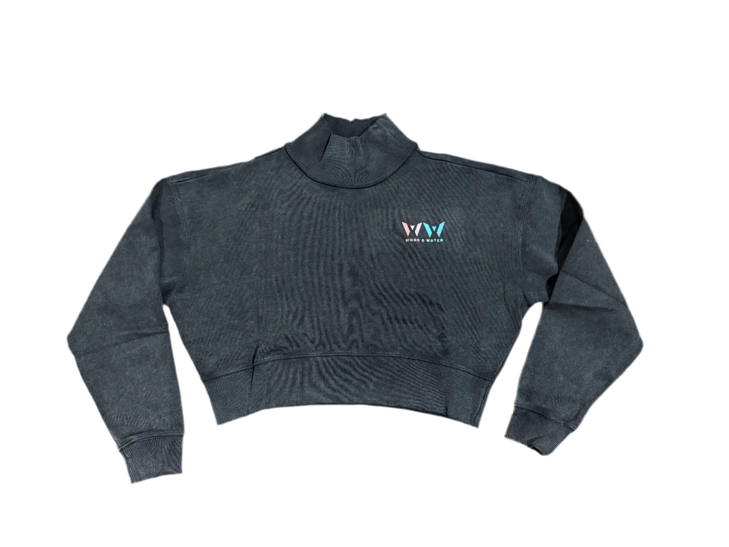 Wood & Water - Premium Stone Wash Pigment - French Terry Crop Top Mock Neck Sweatsuit - Dark Ashes