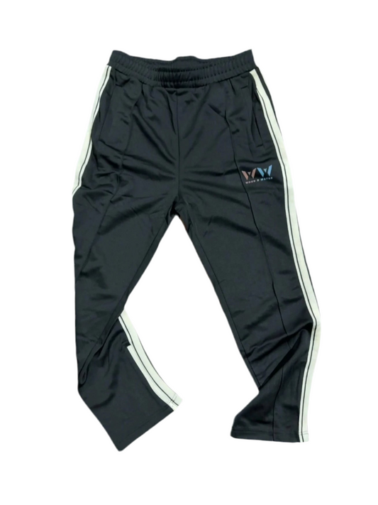Wood & Water -Tech Fleece Pants -Black /Tan Stripe -  Iridescent  W&W Logo