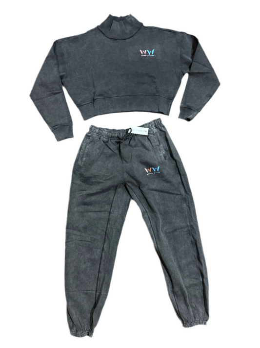 Wood & Water - Premium Stone Wash Pigment - French Terry Crop Top Mock Neck Sweatsuit - Dark Ashes