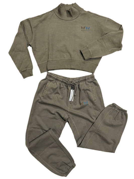 Stone Wash Pigment - French Terry Crop Top Mock Neck Sweatsuit